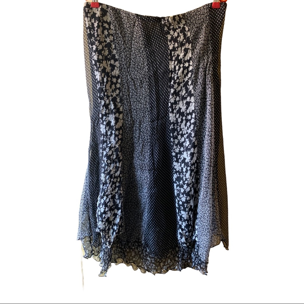 Black and white gored silk skirt